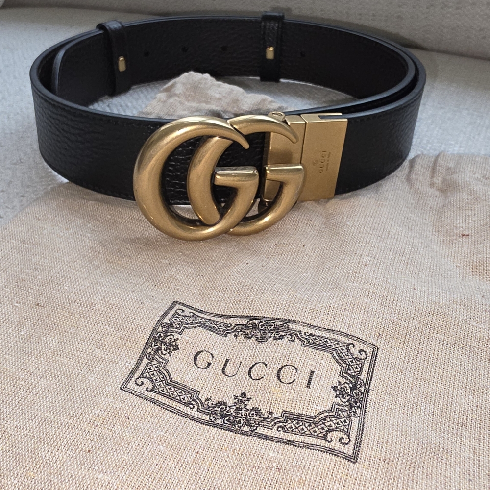 Gucci Reversible Black/Brown Leather Belt with Double G Gold Buckle